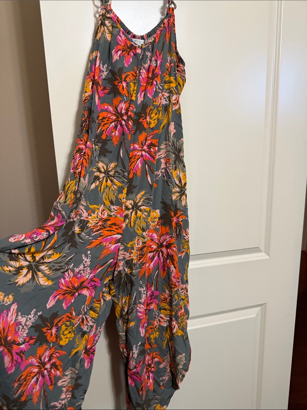 Cato Gray Sleeveless Tropical Print Jumpsuit with Pink & Orange Flowers